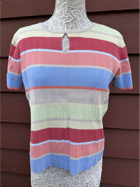 Cherokee Vintage Style Knit Top Multicolor Striped Keyhole Button